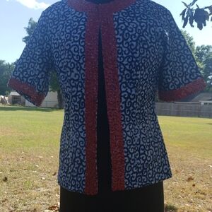 Blue Patterned Short-Sleeve Blouse with Red Trim